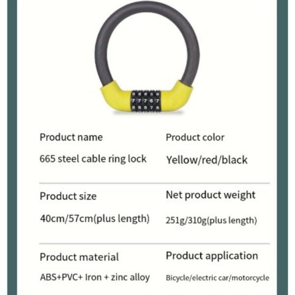 5 Digit  Steel Cable Ring Bike Lock - Image 2